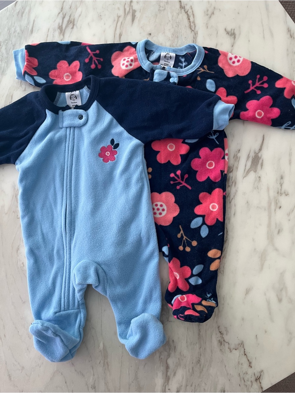 Gerber Light Blue and Navy Floral Fleece Footed One-Pieces (2-Pack)